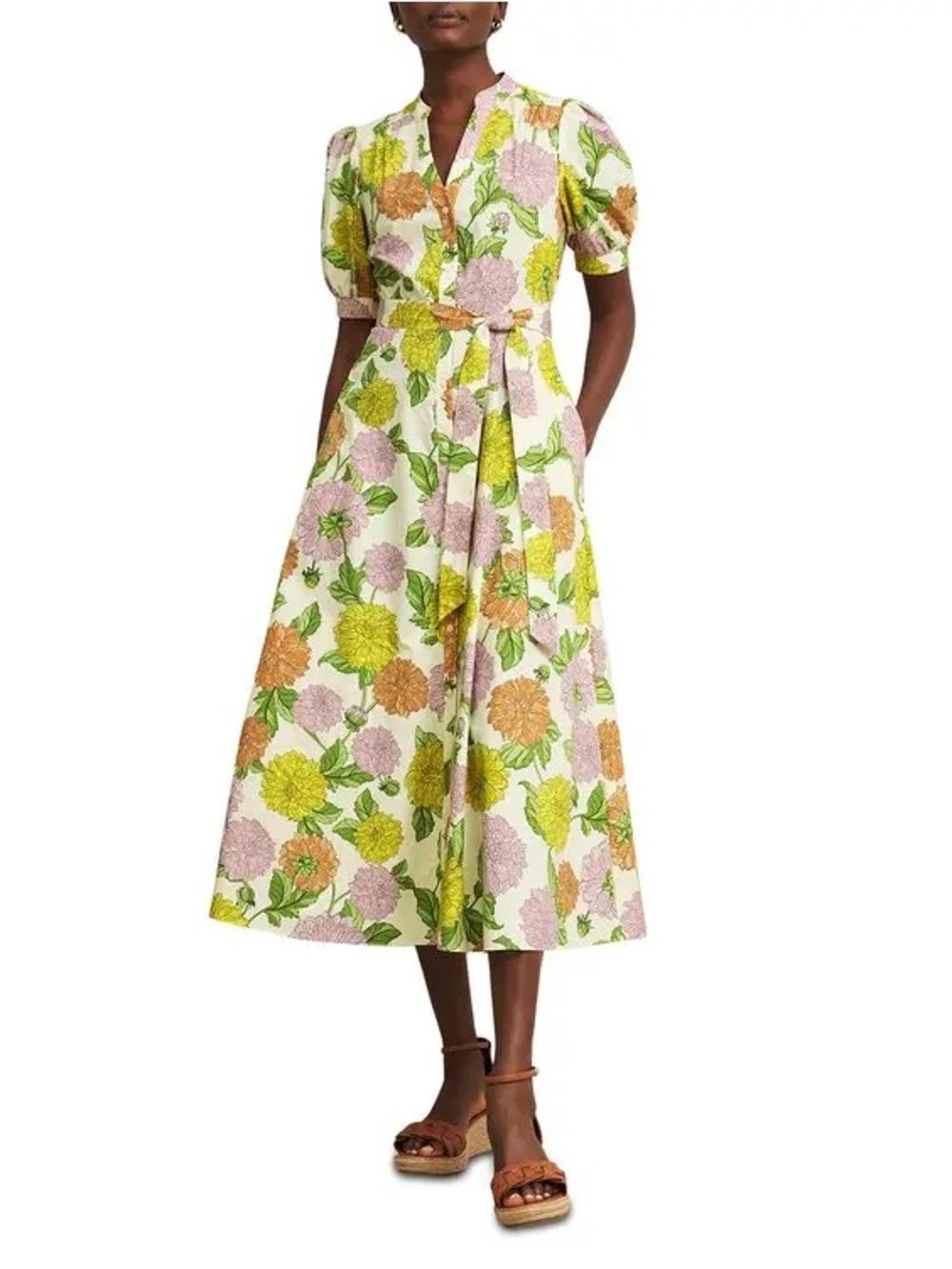 Hobbs Elena Floral Belted Midi Dress - White with Pink, Yellow & Orange size 8 - Picture 2 of 9